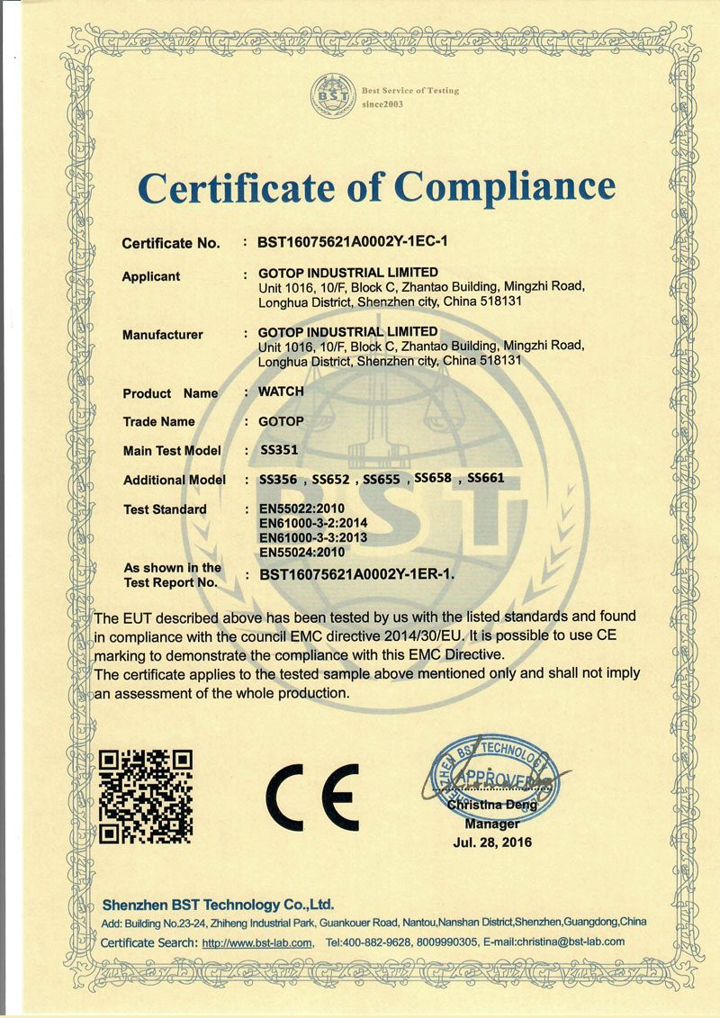 CE Certificate of Compliance, issued to GOTOP INDUSTRIAL LIMITED for the product class Watch, tested to EN55032 and EN55024, dated July 2018.