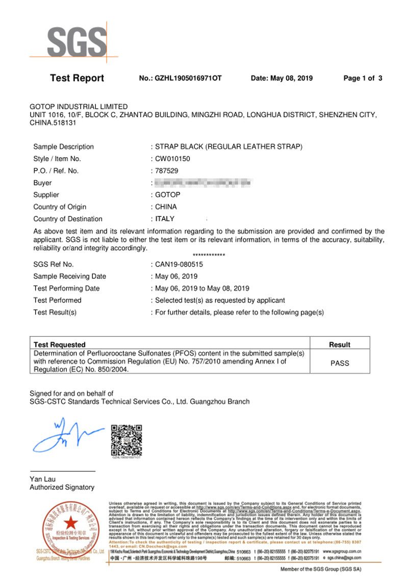 SGS test report for a black regular leather strap, PFOS and REACH result recorded as PASS, dated May 2019.