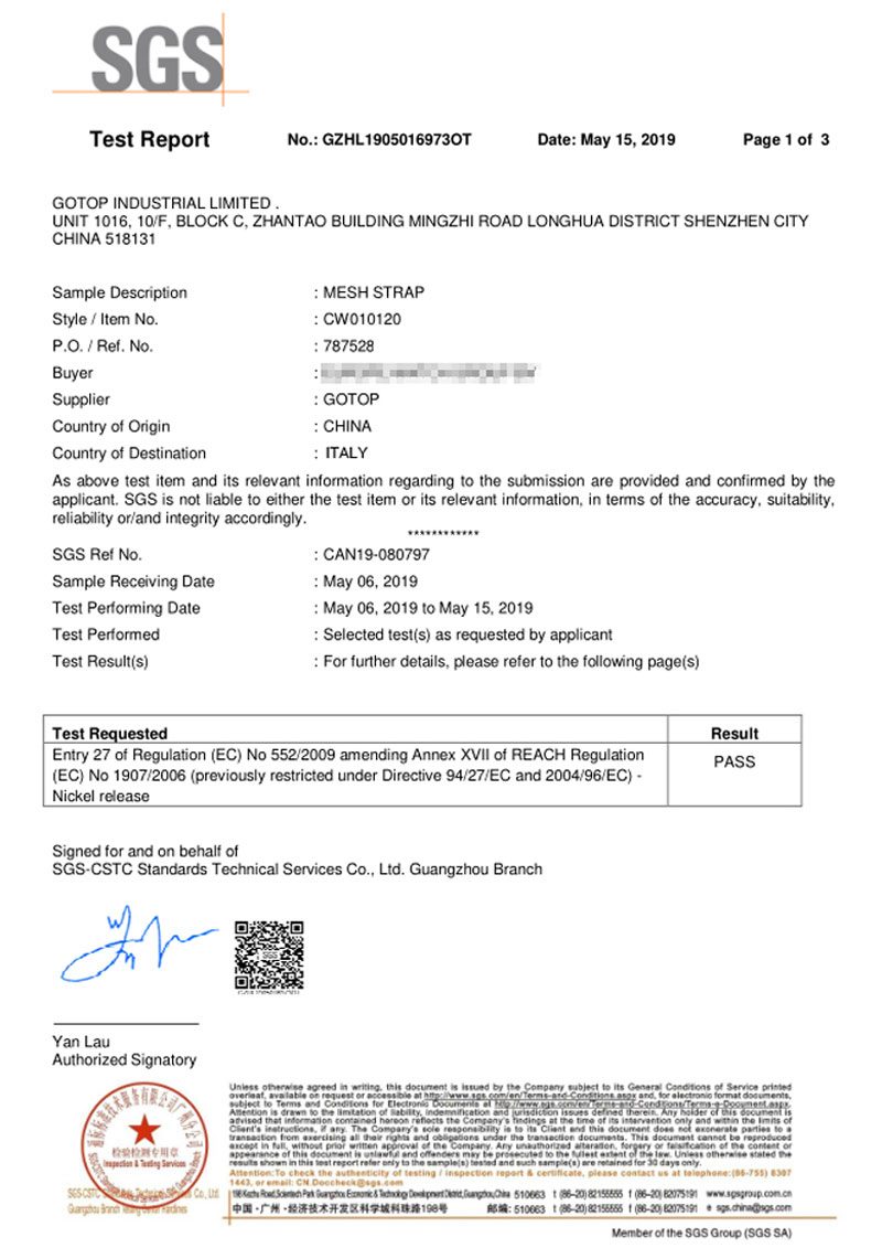 SGS test report for a mesh strap, REACH result recorded as PASS, dated May 2019.