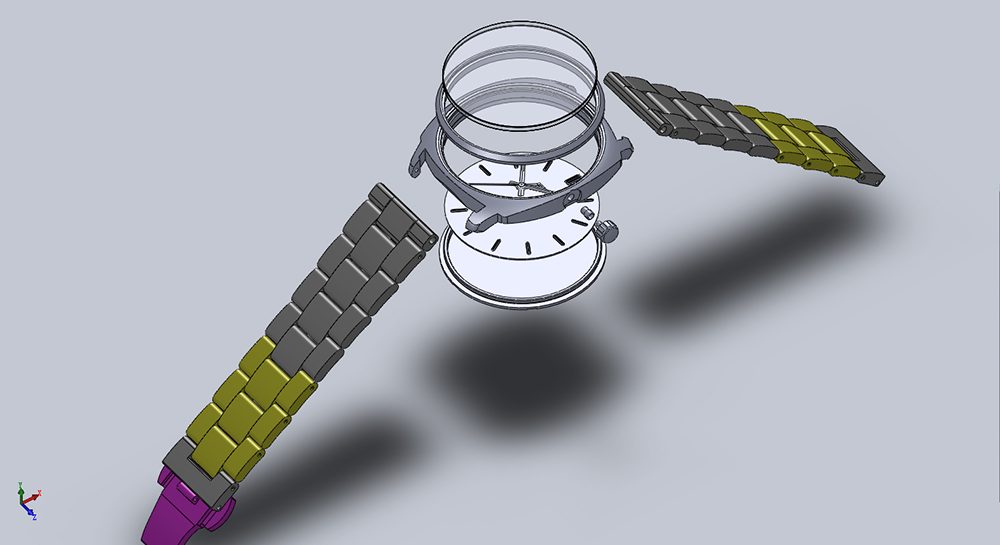 A 3D render of a watch shown with its bracelet separated.